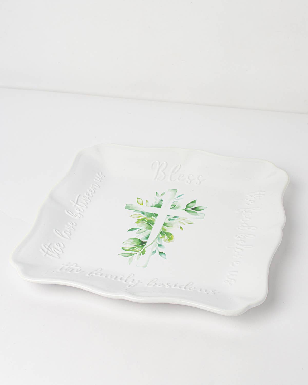 The Royal Standard - Bless the Food Cross Square Platter White/Multi 11.5x11.5