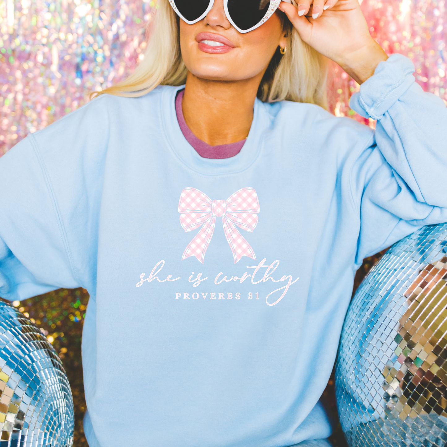 The Arena Cantina - She Is Worthy Crewneck, Proverbs 31, Pink Coquette Bow Shirt