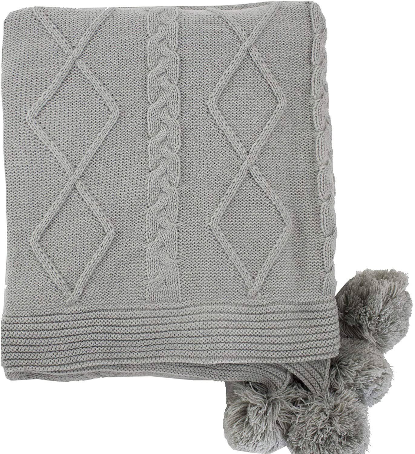 Grey Luxe Faux Fur Cable Knit Pom Pom Throw Blanket
