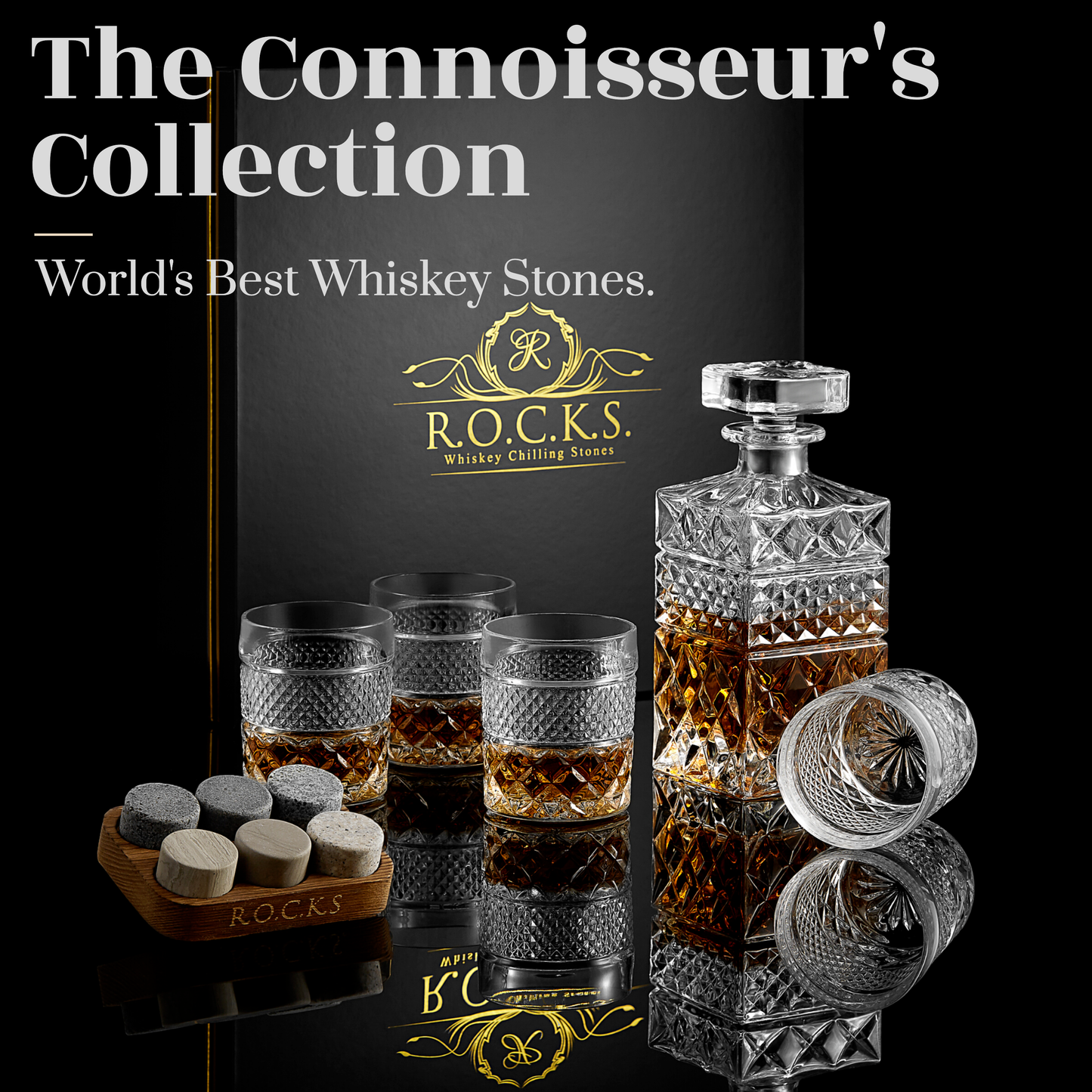 ROCKS Whiskey Chilling Stones - Whiskey Decanter With Glasses & Chilling Stones Gift Set