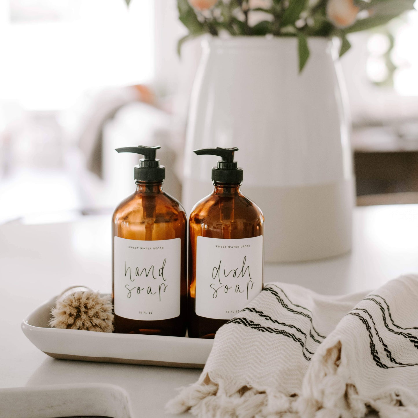 Sweet Water Decor - 16oz Amber Glass Dish Soap Dispenser - Home Decor & Gifts