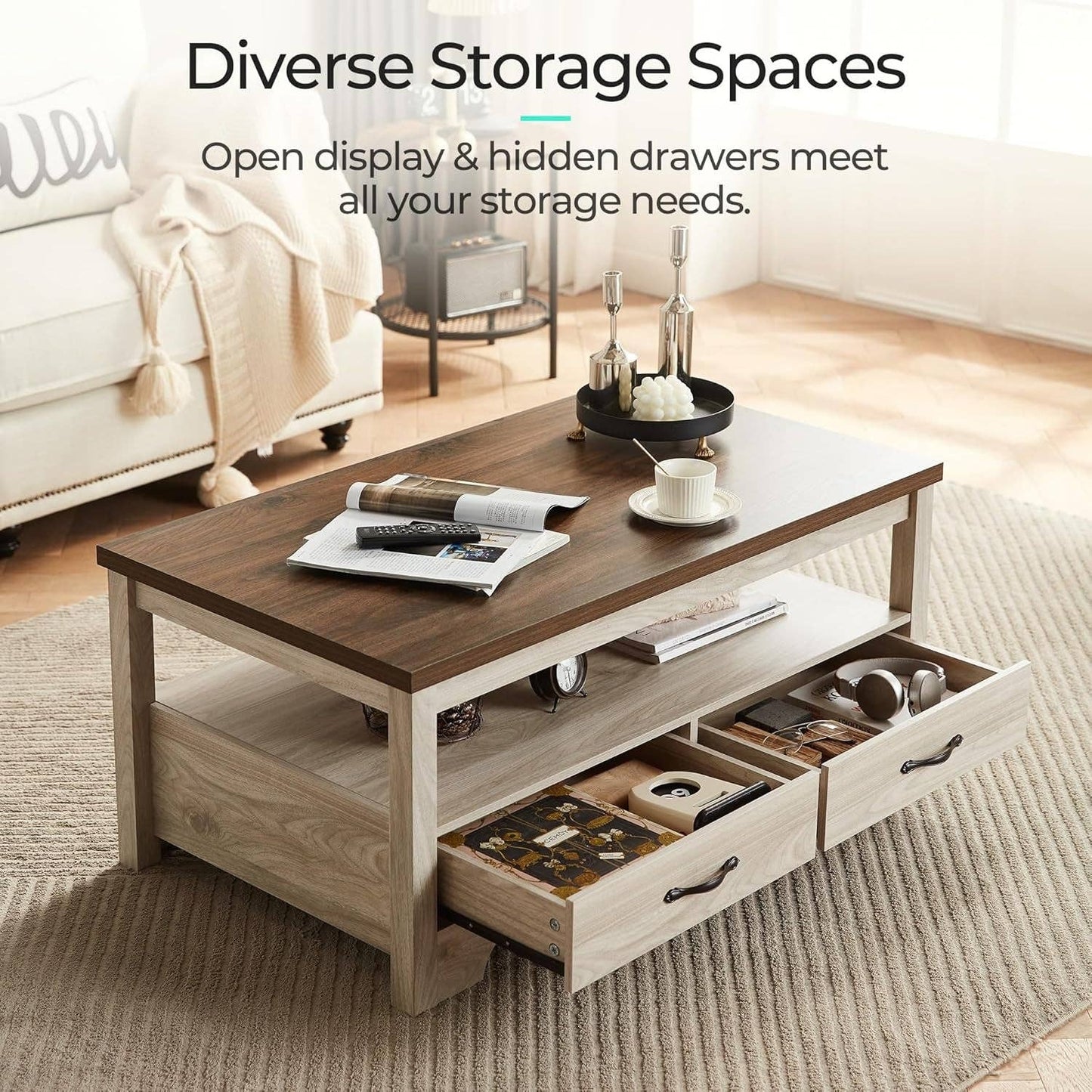 ShipItFurniture - Farmhouse Brown Oak Coffee Table With Storage Drawers