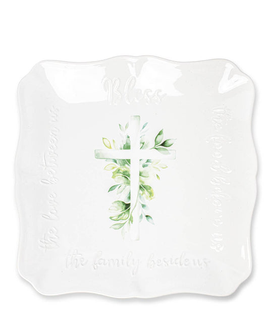 The Royal Standard - Bless the Food Cross Square Platter   White/Multi    11.5x11.5