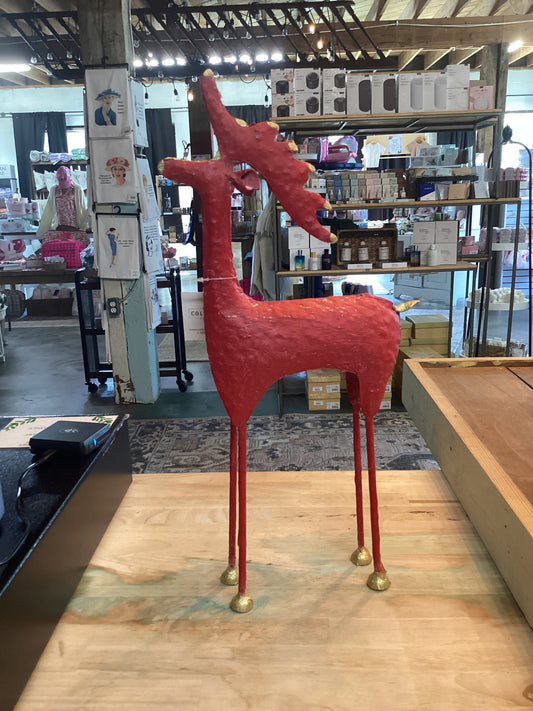 Distressed Red & Gold Painted Metal Standing Deer