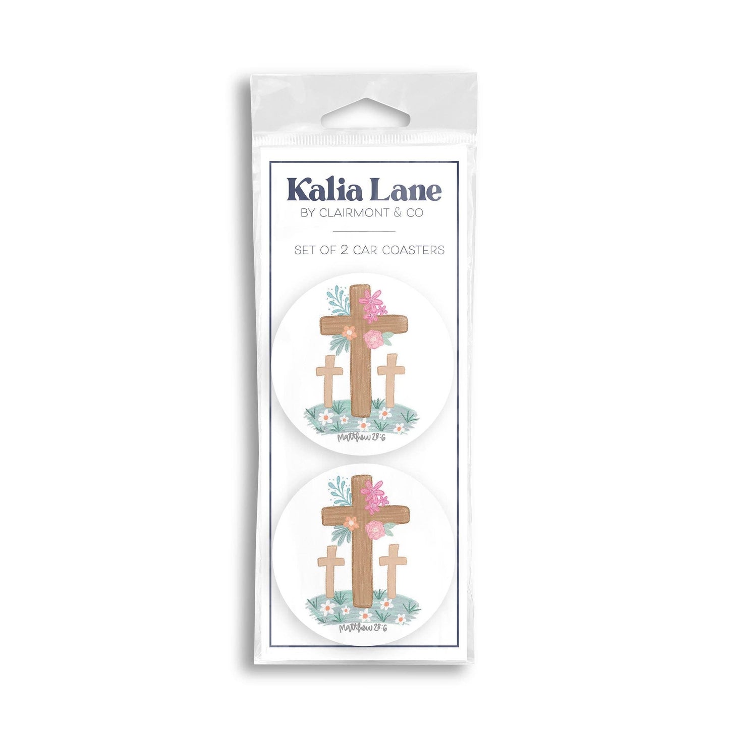 Clairmont & Co - Car Coaster 2-Pack Kalia Lane-Floral Cross Matthew 28:6