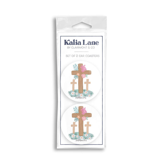 Clairmont & Co - Car Coaster 2-Pack Kalia Lane-Floral Cross Matthew 28:6