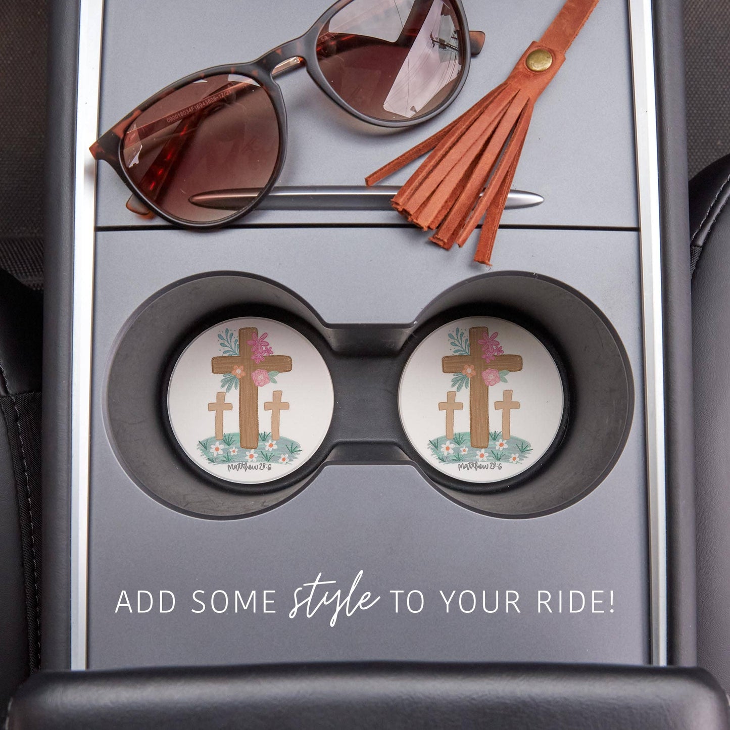 Clairmont & Co - Car Coaster 2-Pack Kalia Lane-Floral Cross Matthew 28:6