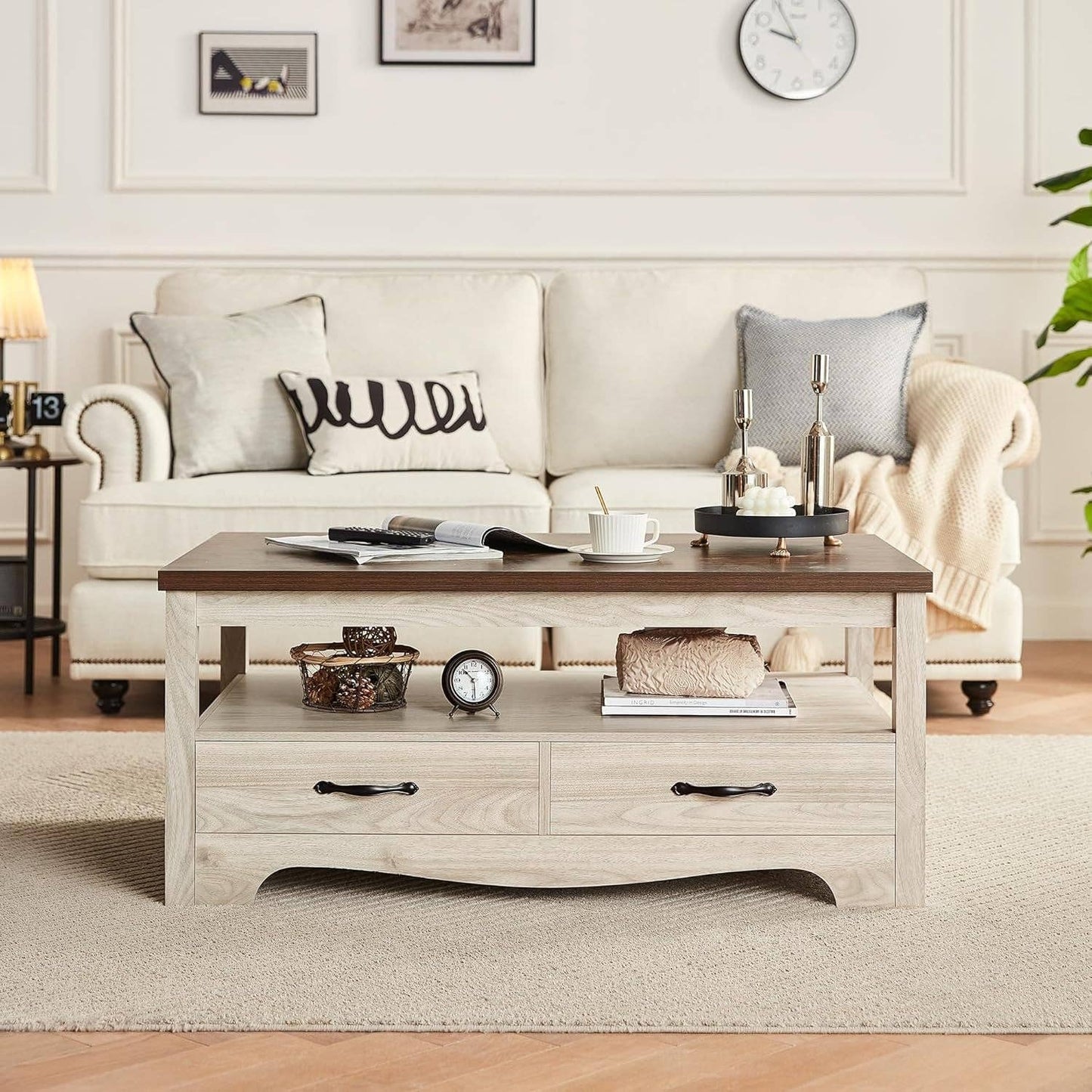 ShipItFurniture - Farmhouse Brown Oak Coffee Table With Storage Drawers