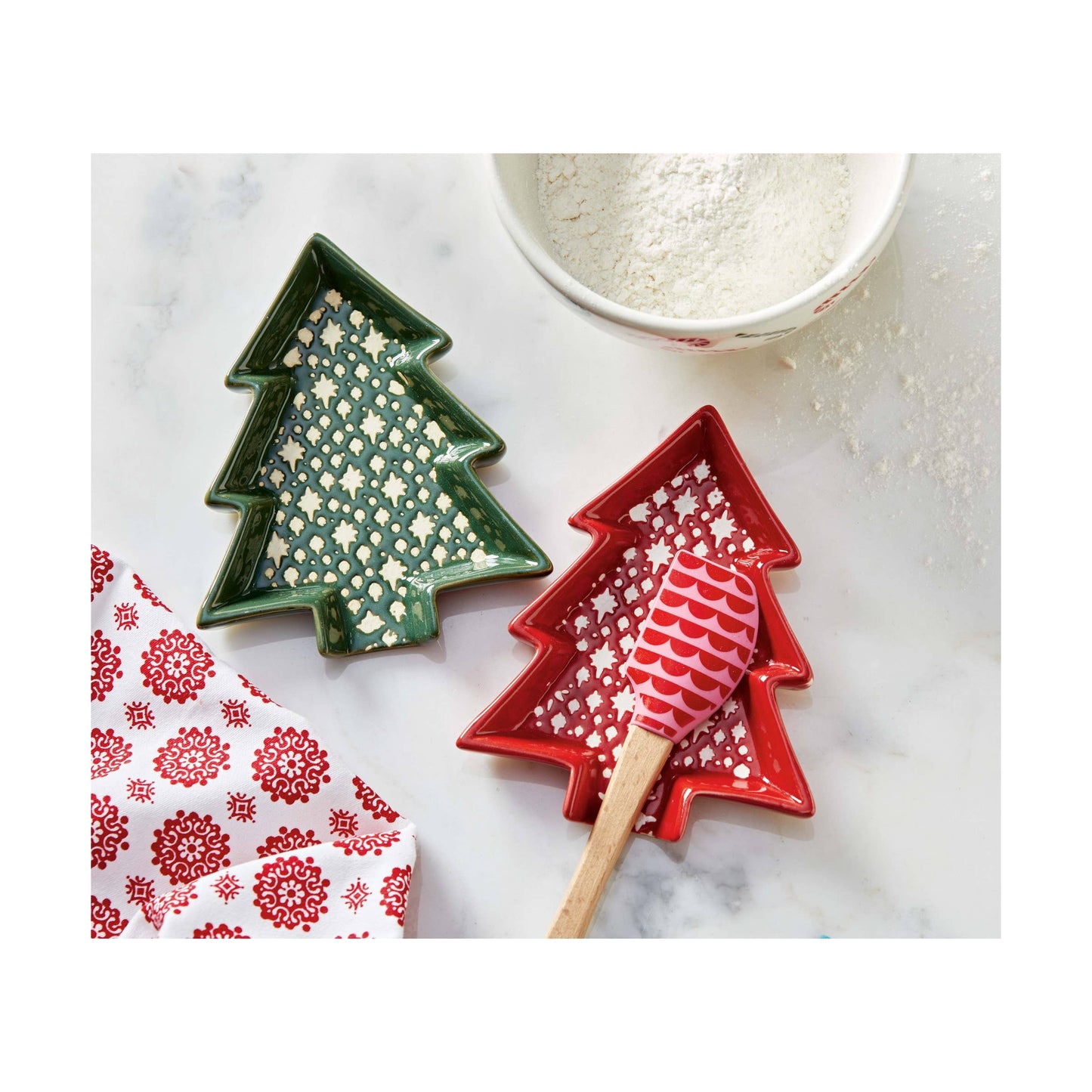 tag - Winter Trees Ceramic Shaped Spoon Rest, Red and Green