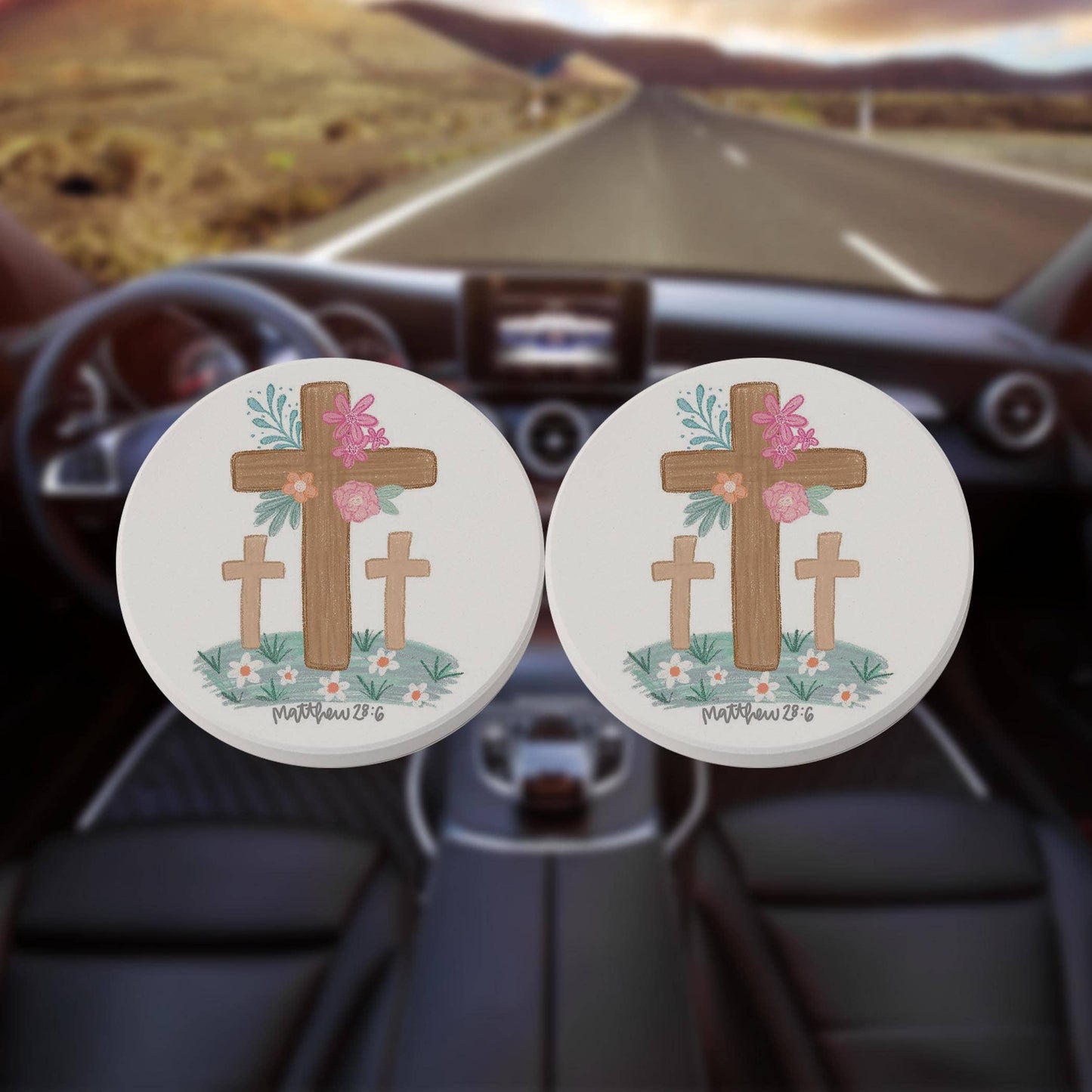 Clairmont & Co - Car Coaster 2-Pack Kalia Lane-Floral Cross Matthew 28:6