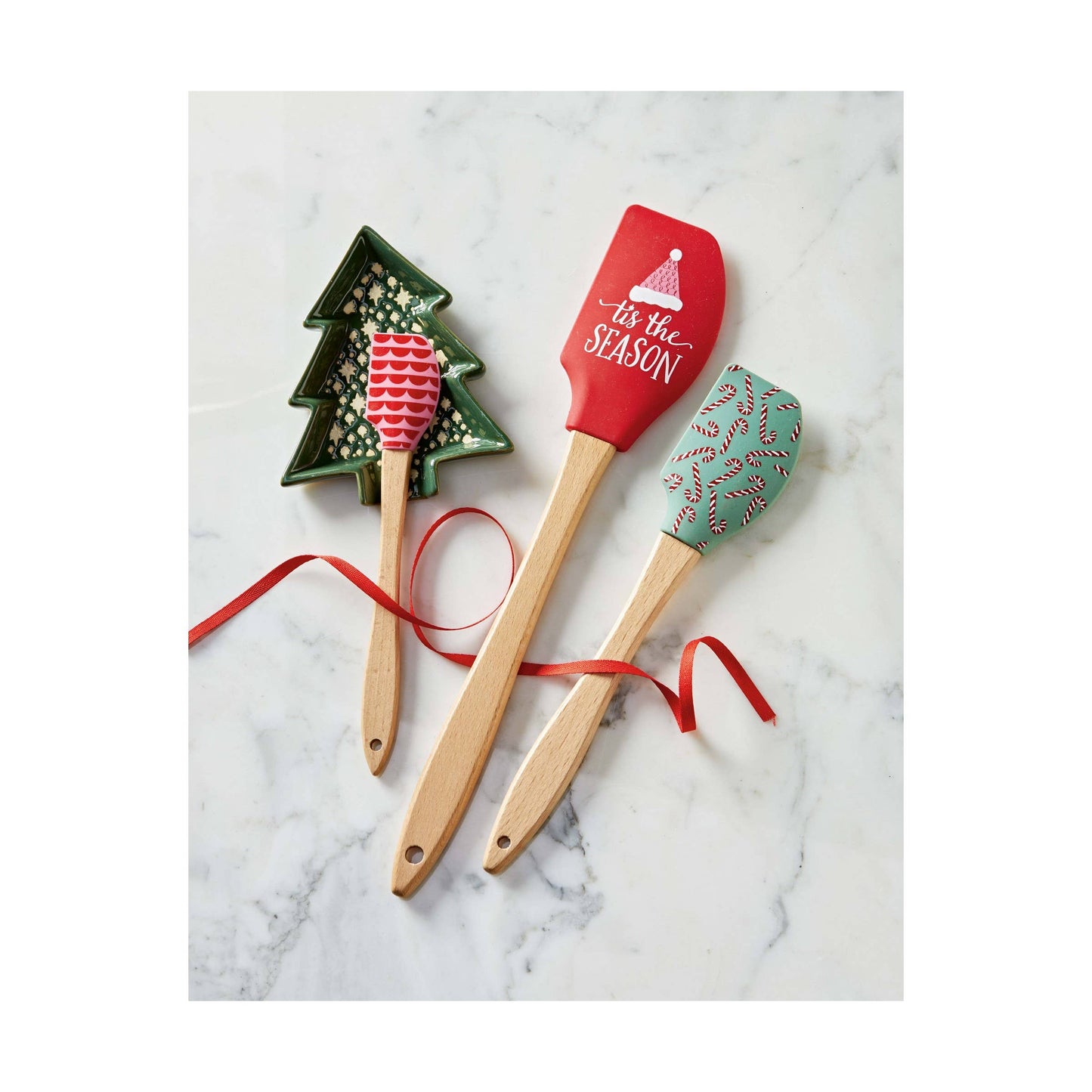tag - Winter Trees Ceramic Shaped Spoon Rest, Red and Green