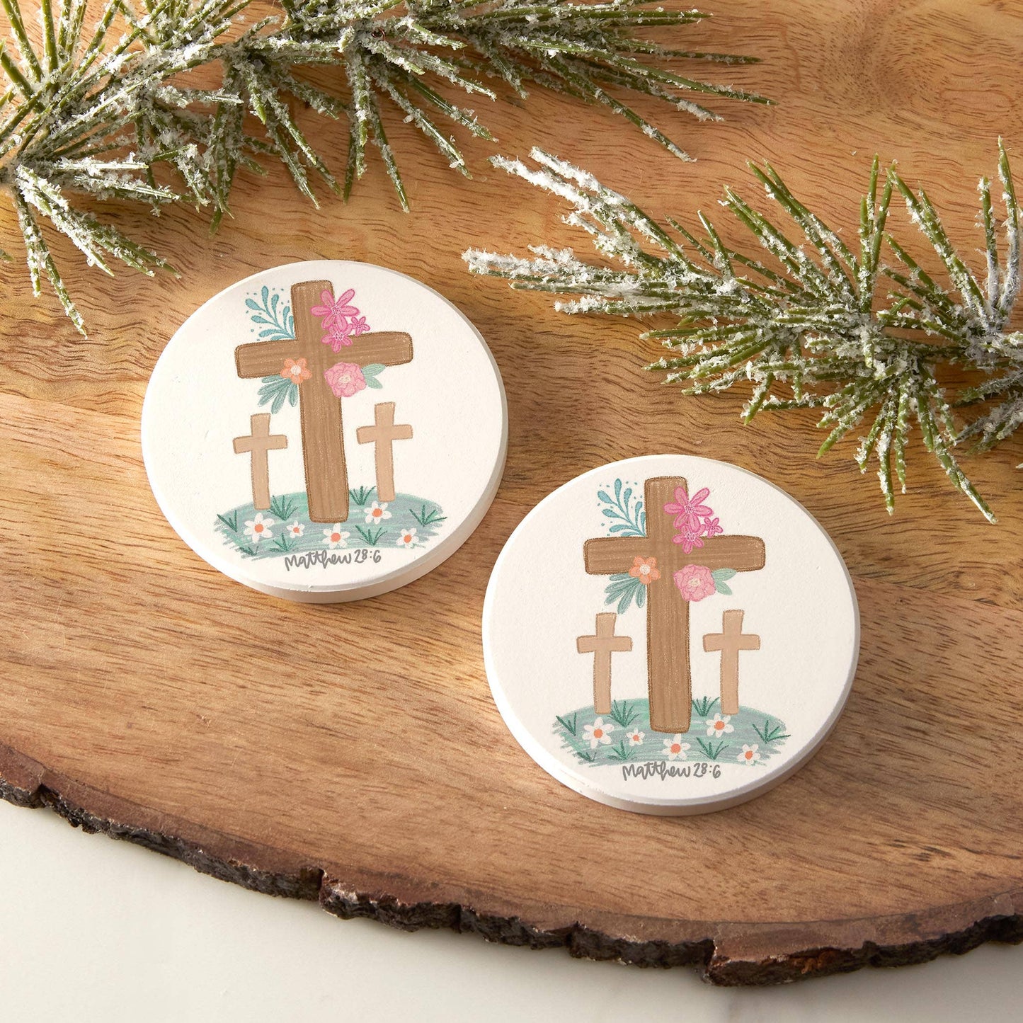Clairmont & Co - Car Coaster 2-Pack Kalia Lane-Floral Cross Matthew 28:6