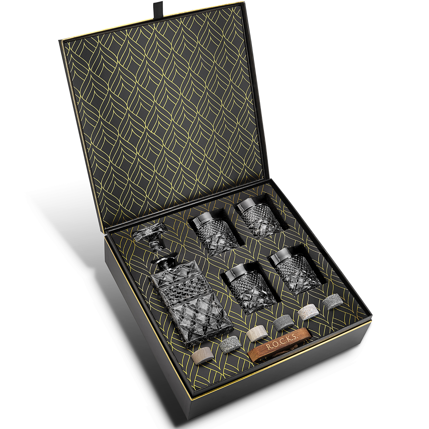 ROCKS Whiskey Chilling Stones - Whiskey Decanter With Glasses & Chilling Stones Gift Set
