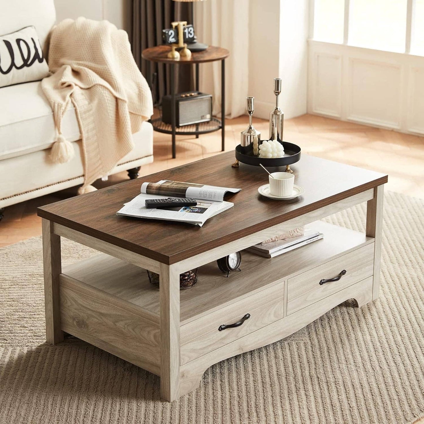 ShipItFurniture - Farmhouse Brown Oak Coffee Table With Storage Drawers