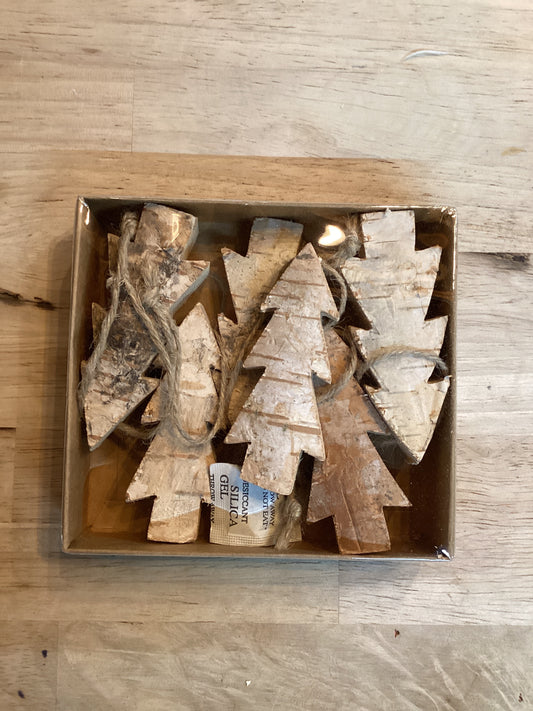 BIRCH WOOD TREE ORNAMENTS SET OF 6