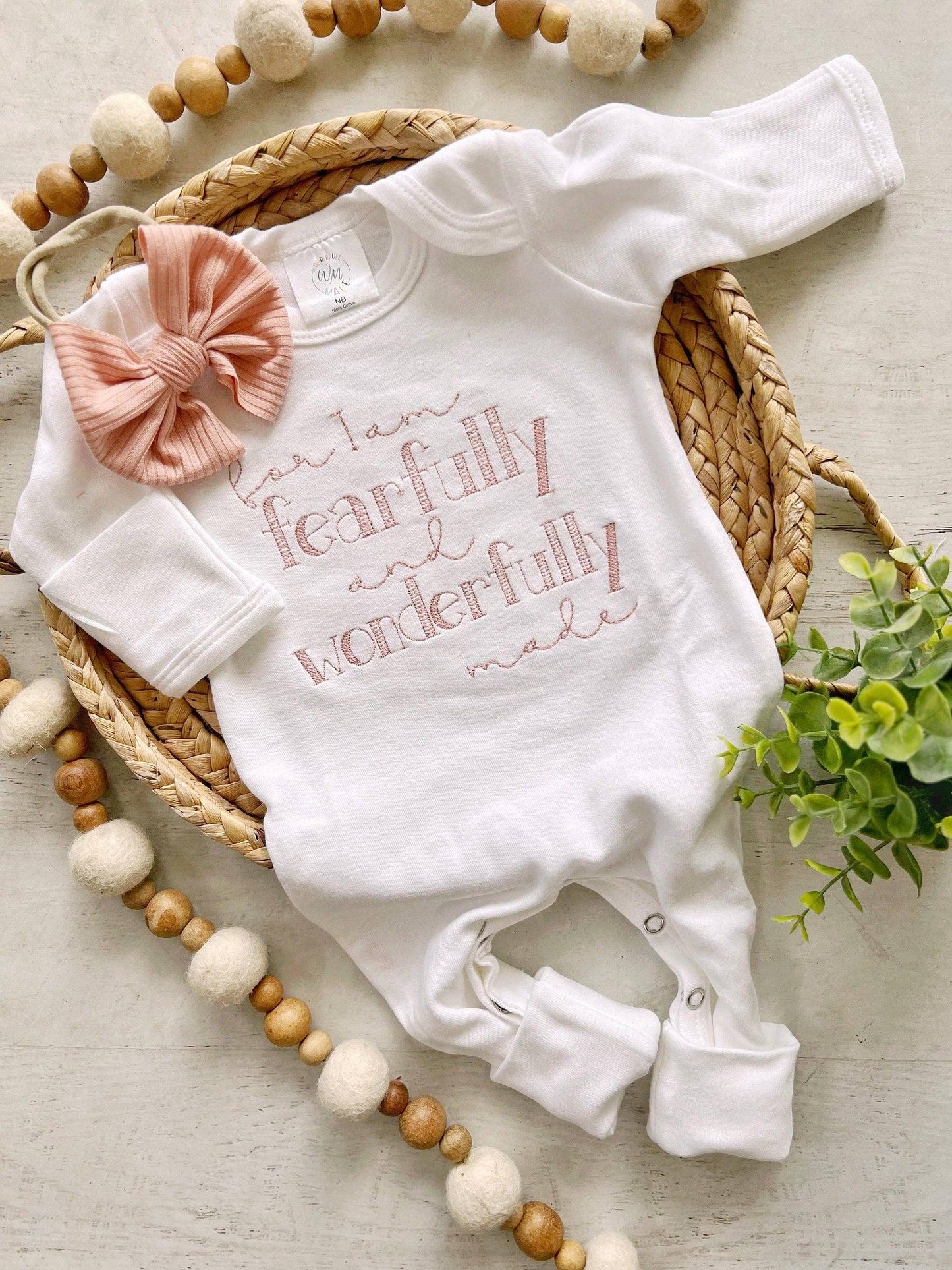 Wonderfully Made - Newborn Baby Girl Outfit | White Romper Fearfully Wonderfully Made In Blush Pink