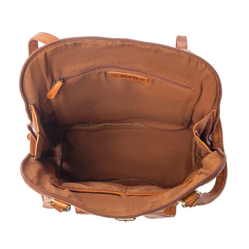 Hearth fire Buckled Genuine Leather Bag in Cognac Brown by MYRA