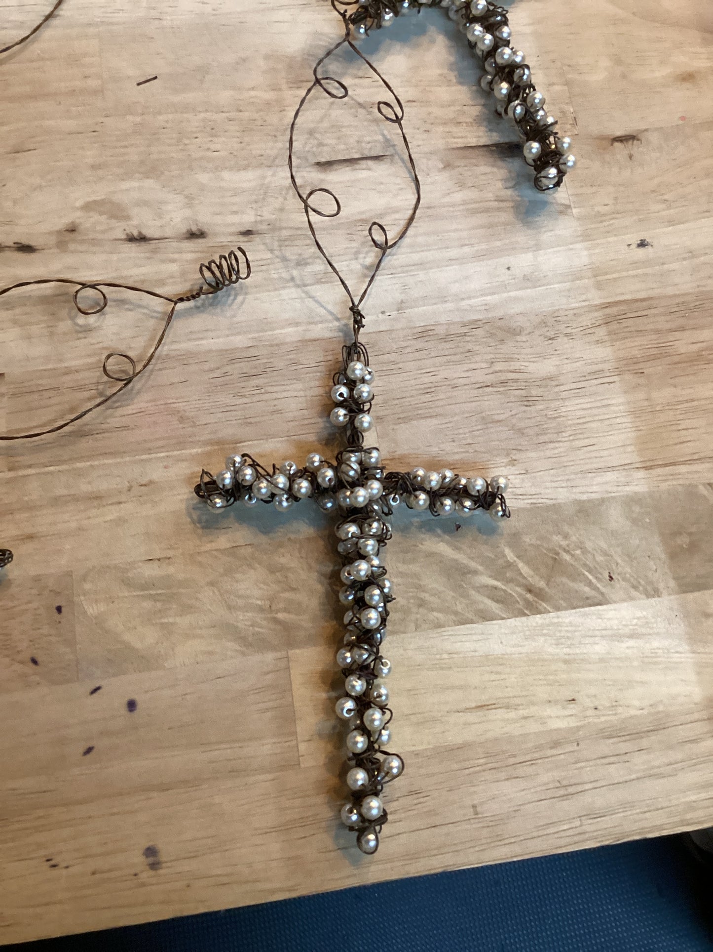 Wired pearl cross ornament