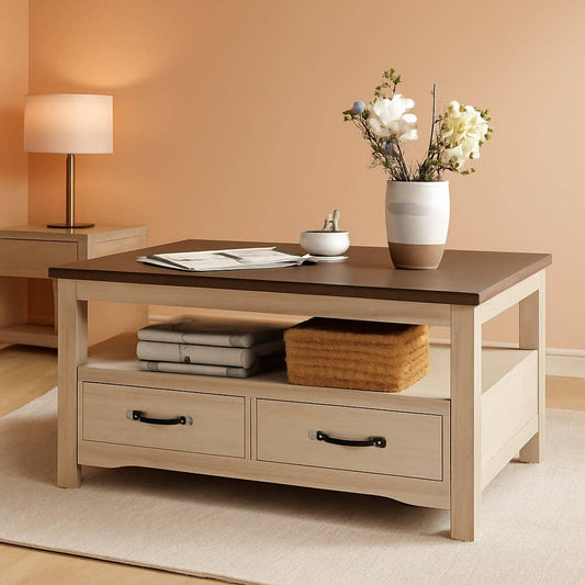 ShipItFurniture - Farmhouse Brown Oak Coffee Table With Storage Drawers