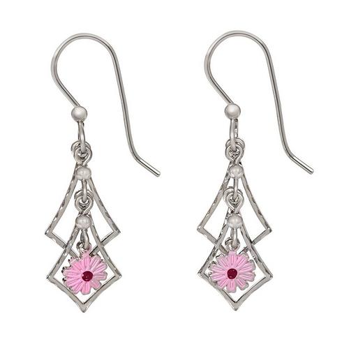 Cascading Silver Earrings with Pink Flower.