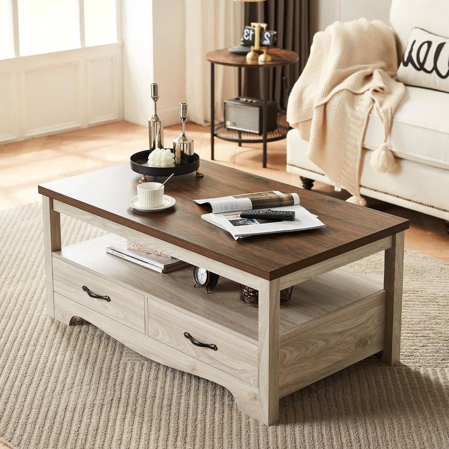 ShipItFurniture - Farmhouse Brown Oak Coffee Table With Storage Drawers