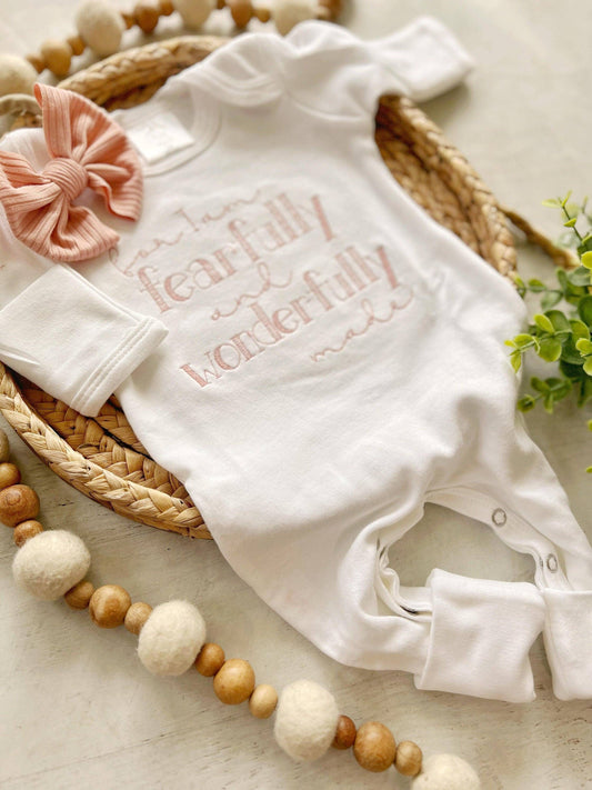 Wonderfully Made - Newborn Baby Girl Outfit | White Romper Fearfully Wonderfully Made In Blush Pink