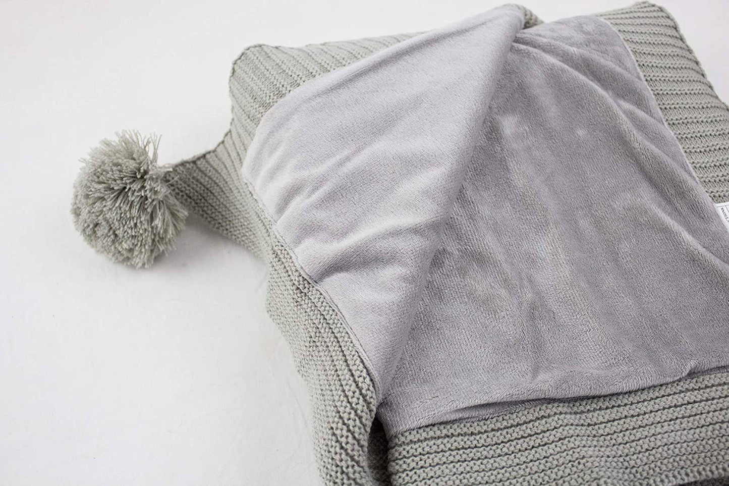 Grey Luxe Faux Fur Cable Knit Pom Pom Throw Blanket
