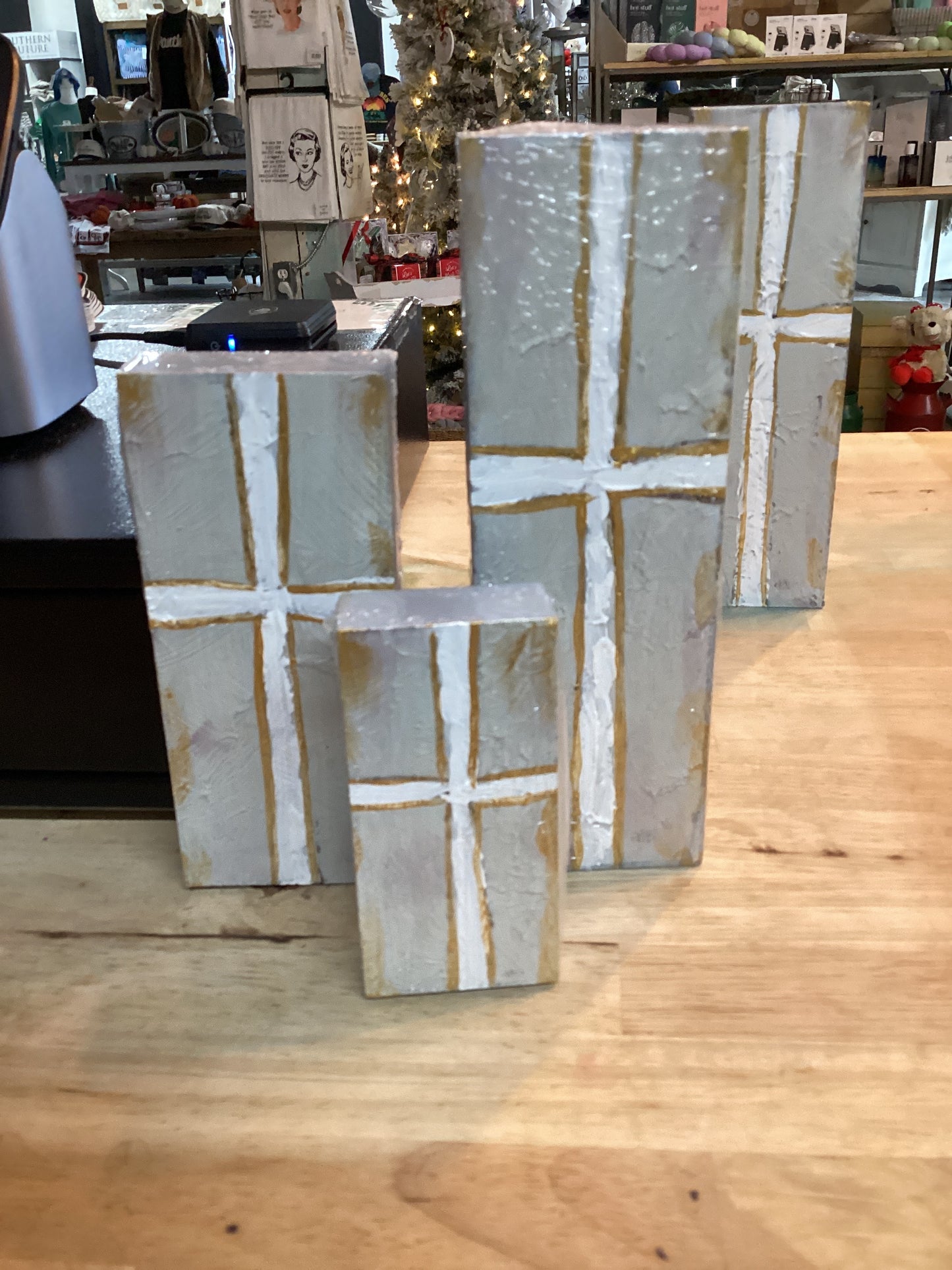 HANDPAINTED CROSS BLOCK BLUE/GOLD (set of 3)