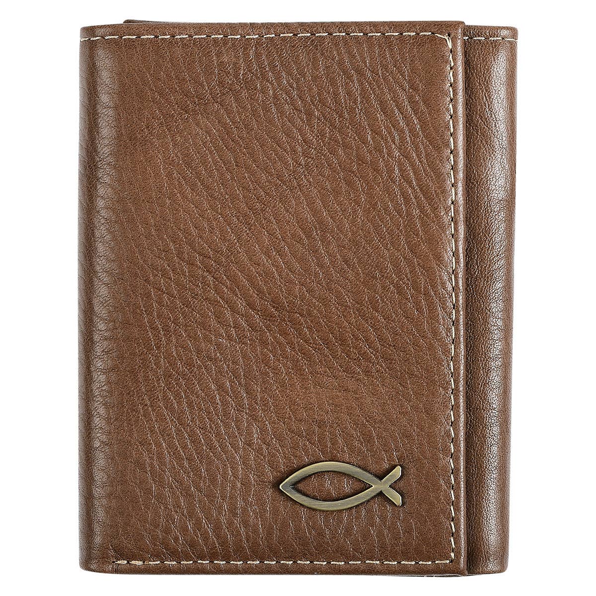 Christian Art Gifts - Wallet Leather Brown Ichthus Badge
