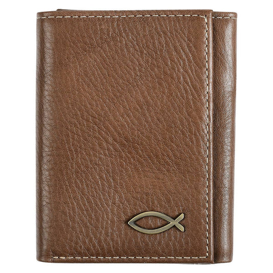Christian Art Gifts - Wallet Leather Brown Ichthus Badge