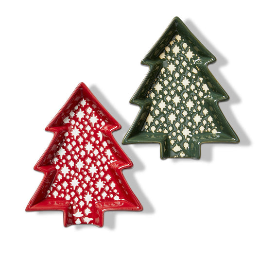 tag - Winter Trees Ceramic Shaped Spoon Rest, Red and Green