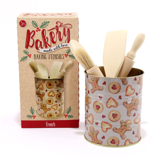 Something Different Wholesale - Set of 4 Wooden Christmas Baking Utensils in Tin Holder
