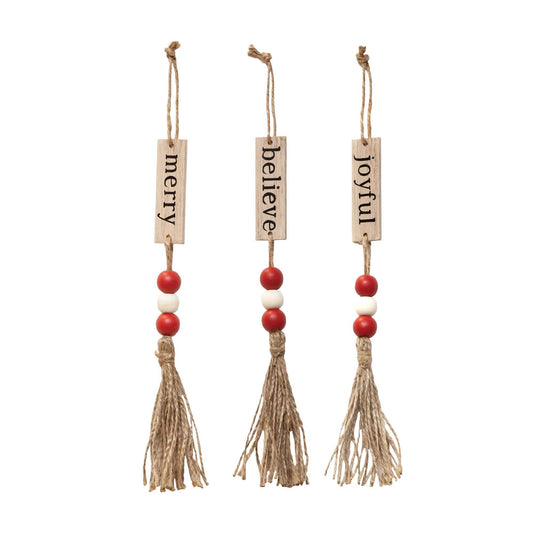 3 Asst Sm Tassle Ornament w/Red/Wht Bead