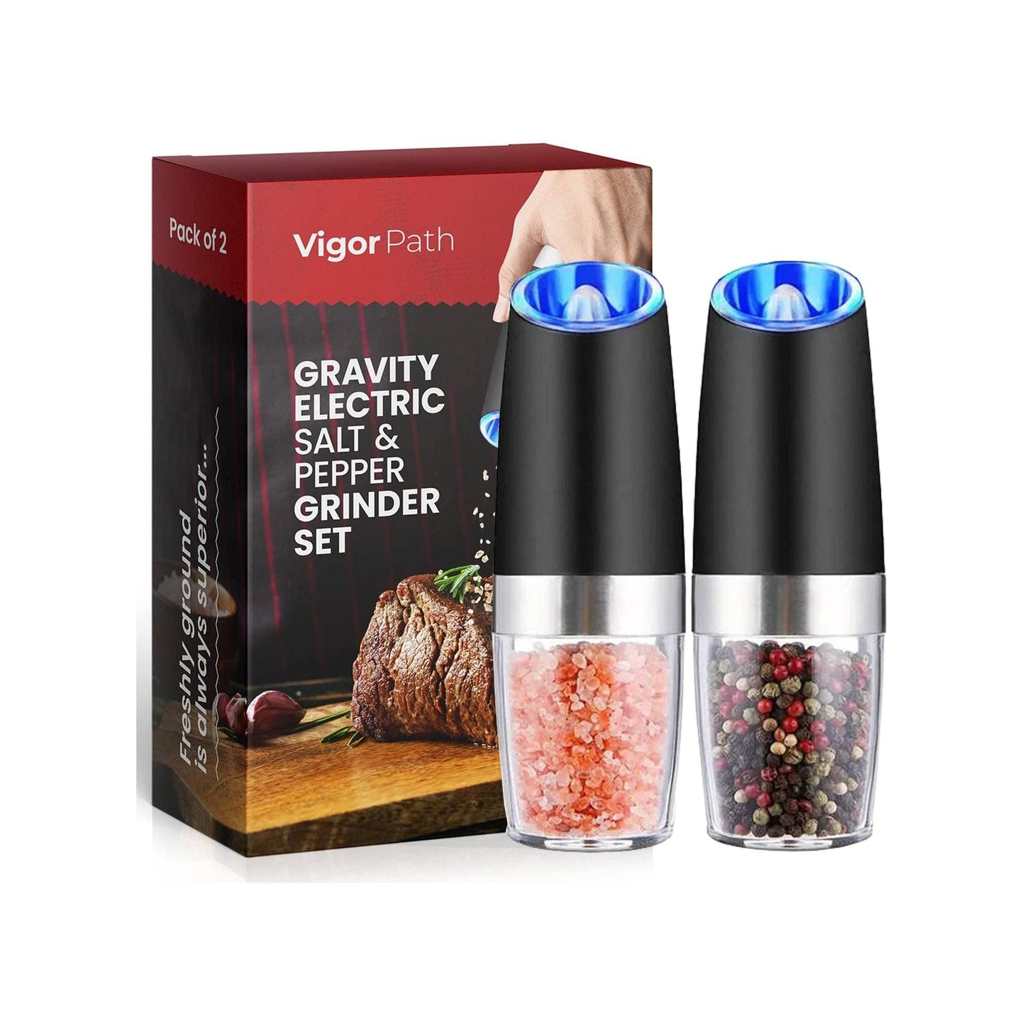 Vigor Path - Black Salt & Pepper Grinder Set, Adjustable Coarseness, 2pcs